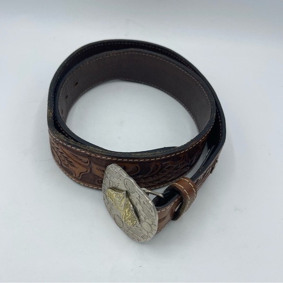 Eberle Leather Belt Hand Tooled Brown Size 36 (90 EU) Heavy Horse Buckle - Picture 4 of 7